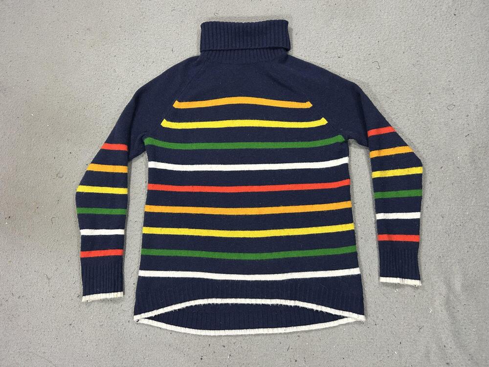 J Crew Sweater Womens XS Navy Rainbow Stripe Turtleneck Raglan Quiet Luxury